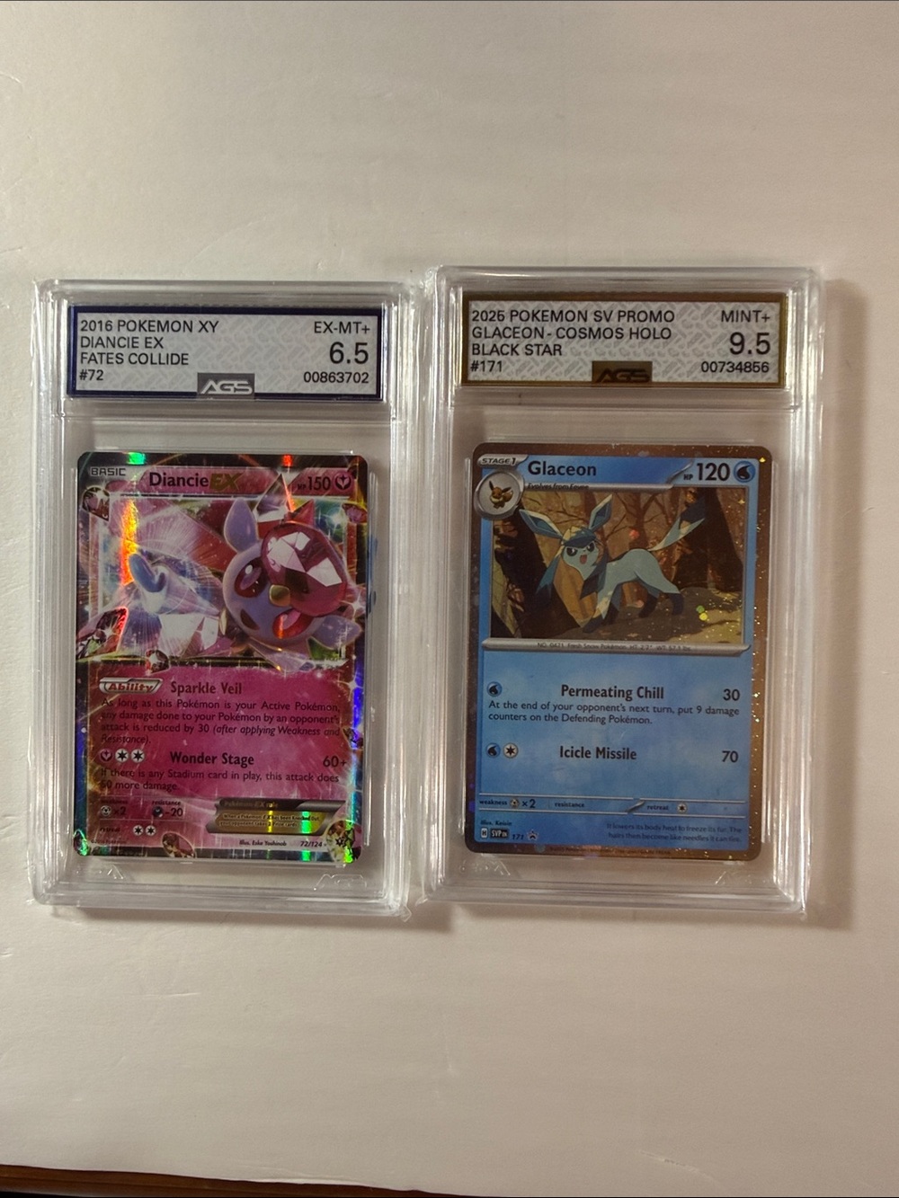 Pokemon Diancie EX (Pink) & Glaceon Cosmos Holo (Blue) Graded Card Pair